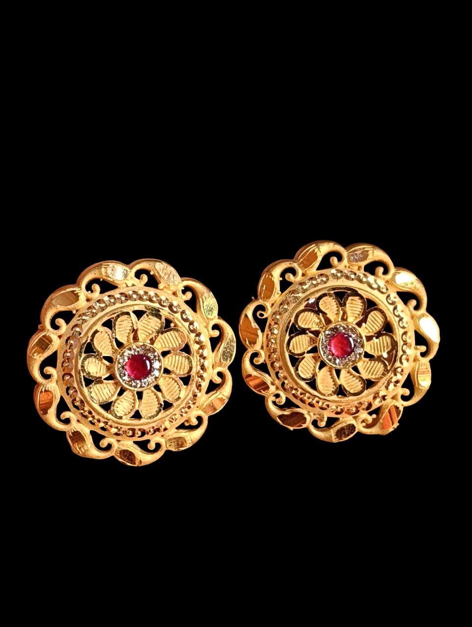 Golden Floral Stud Earrings with Red Stone Center