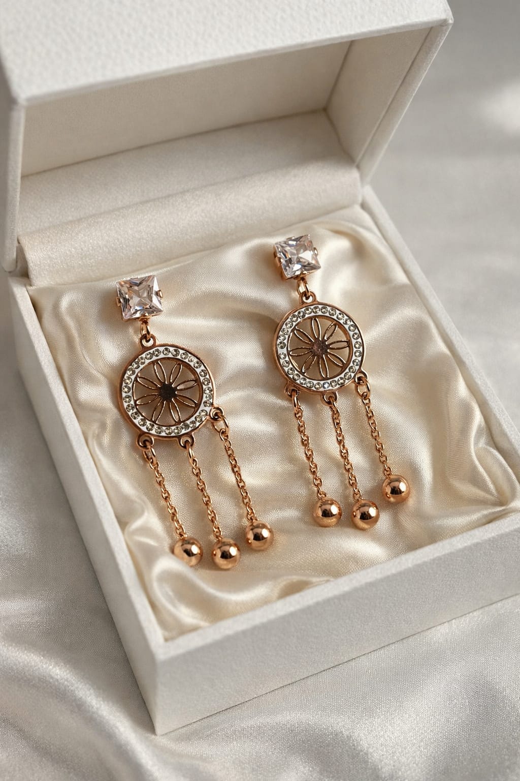 Rose Gold Dreamcatcher Drop Earrings