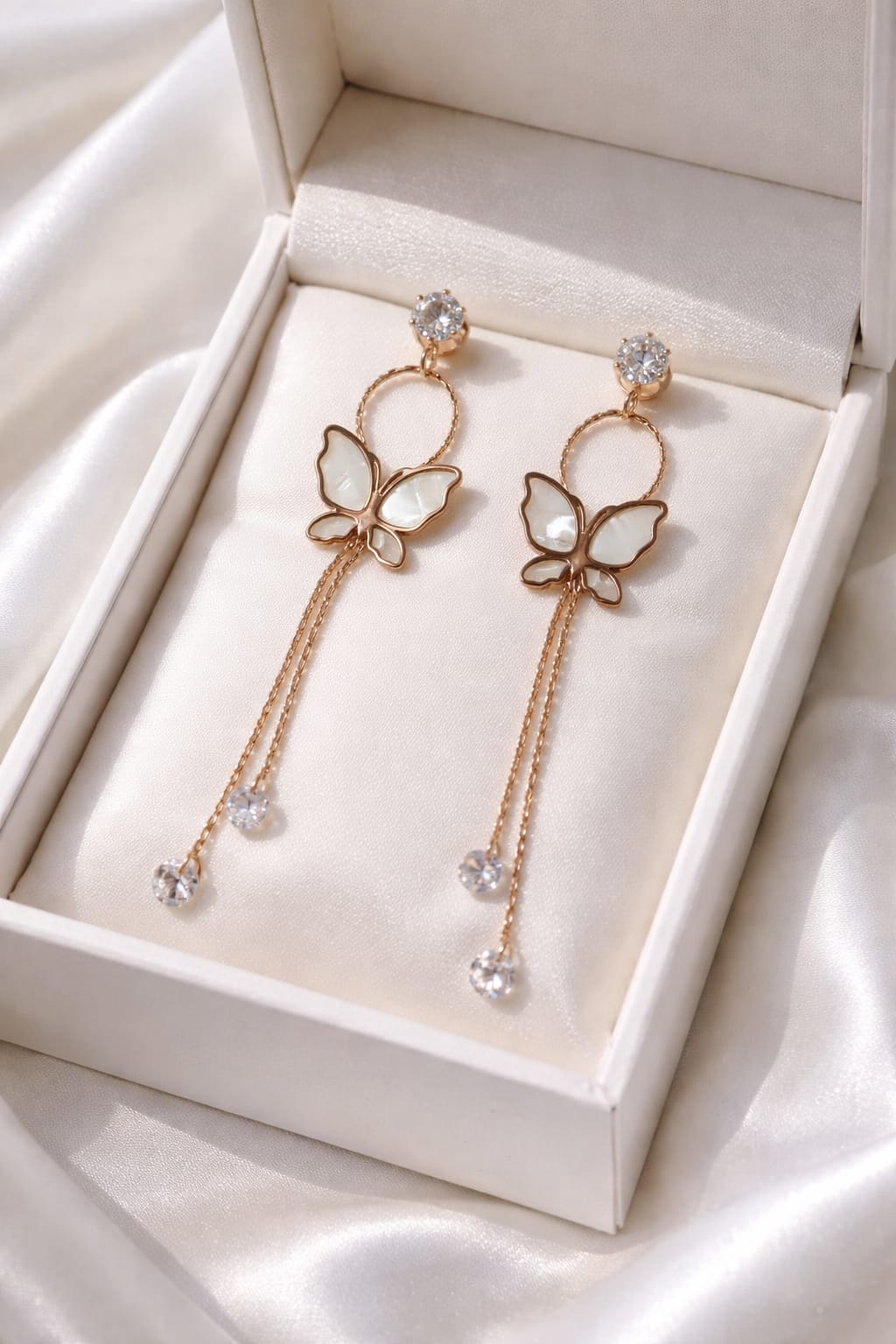 Rose Gold Butterfly Charm Drop Earrings