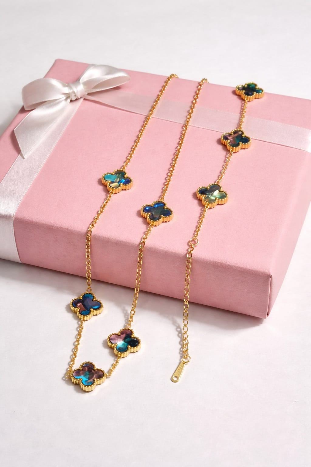 Gold Plated Clover Necklace and Bracelet Set with Iridescent Stones