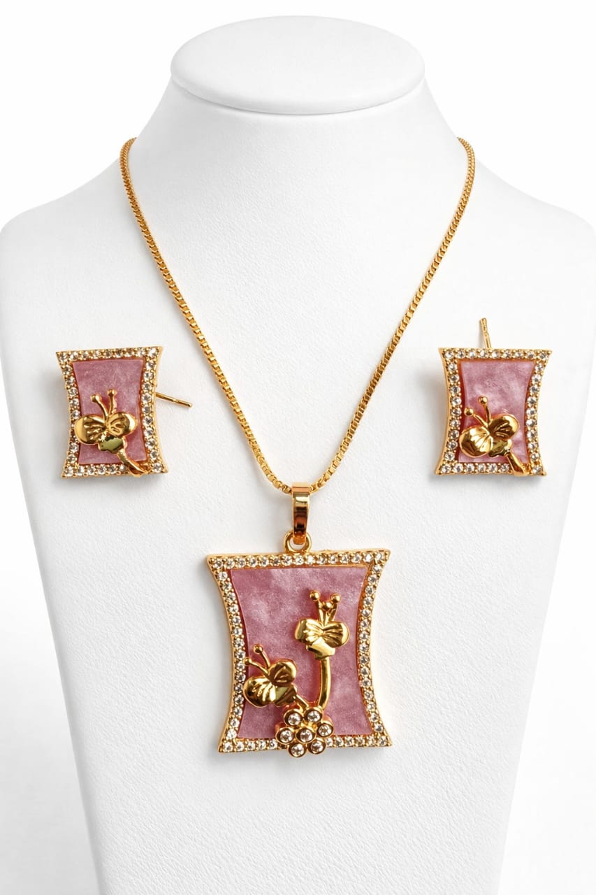 Elegant Pink Floral Gold-Plated Jewelry Set