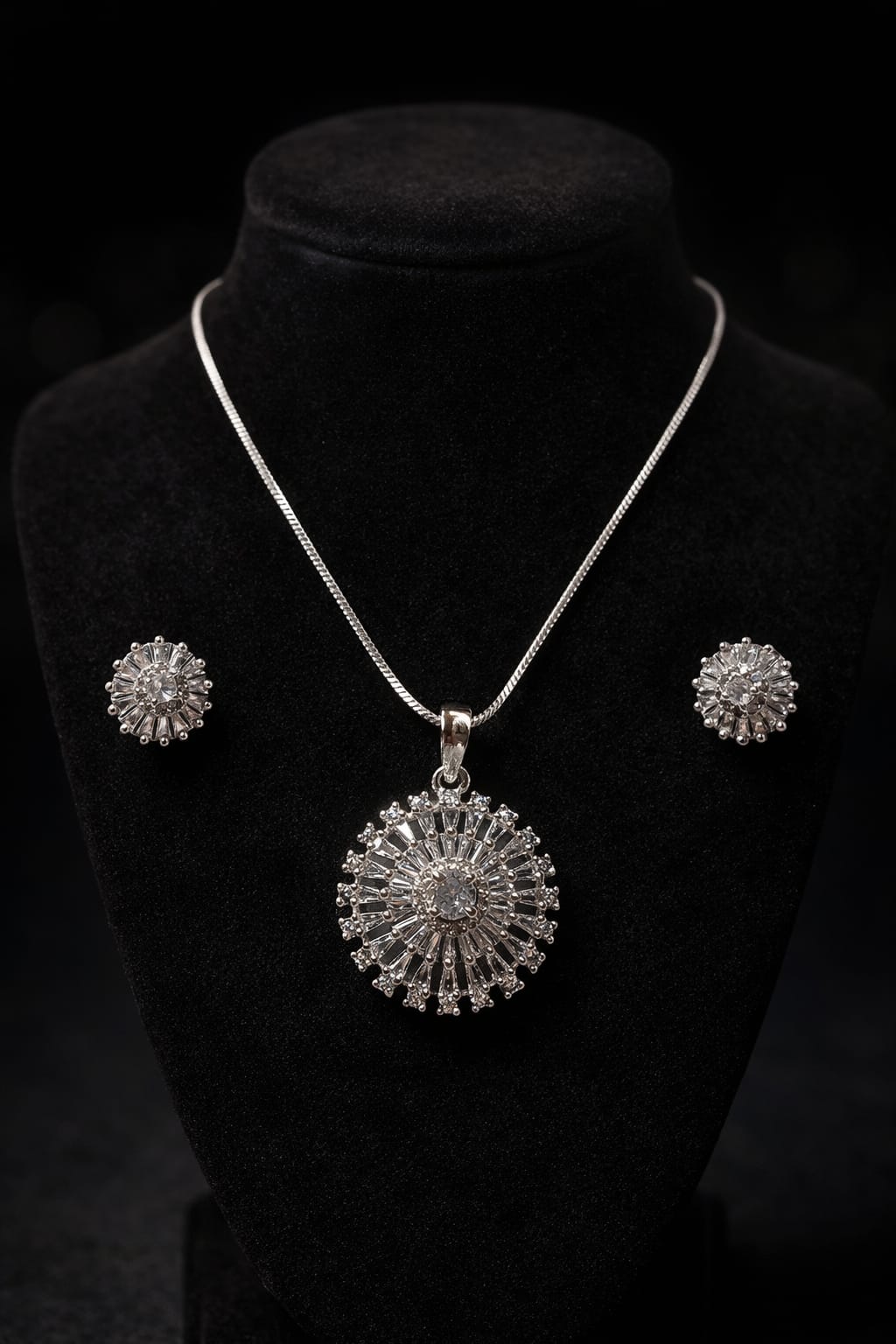 Silver-Tone Crystal Sunburst Pendant Necklace Set with Earrings