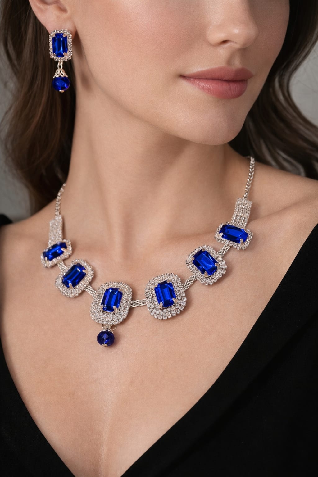 Royal Blue Crystal Necklace &amp;amp; Earrings Set - Image 1