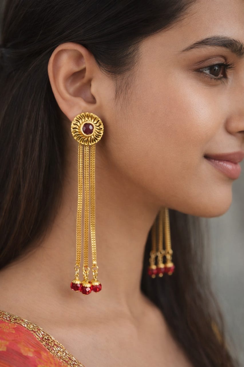 Gold Plated Ruby Dangler Earrings with Chain Tassels - Image 1