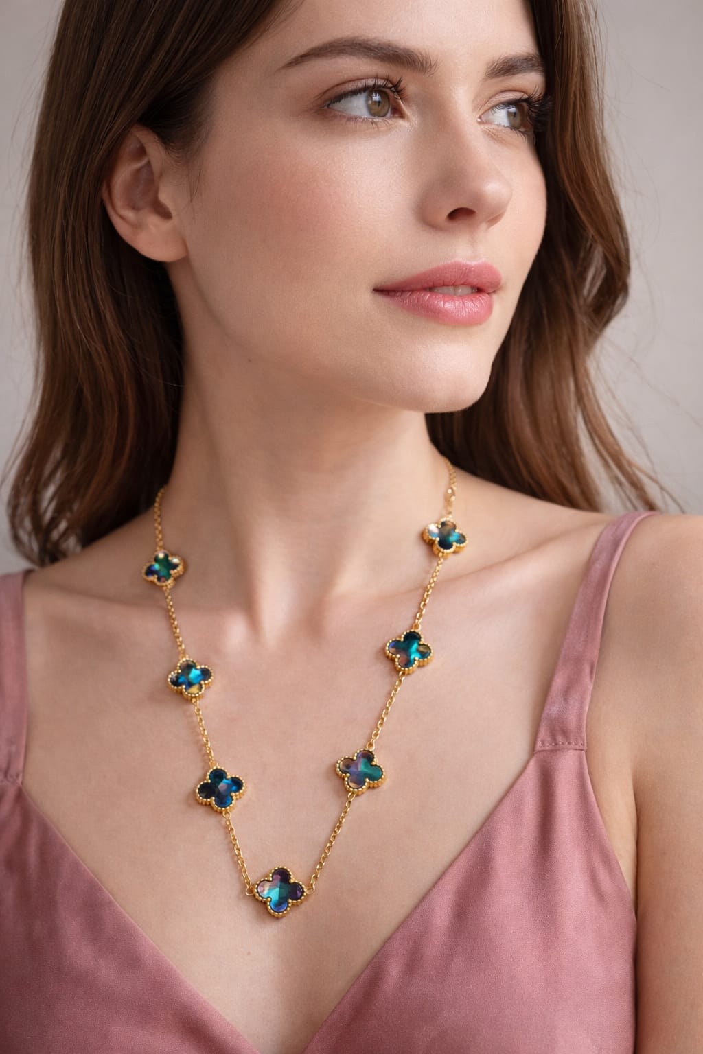 Gold Plated Clover Necklace and Bracelet Set with Iridescent Stones - Image 1