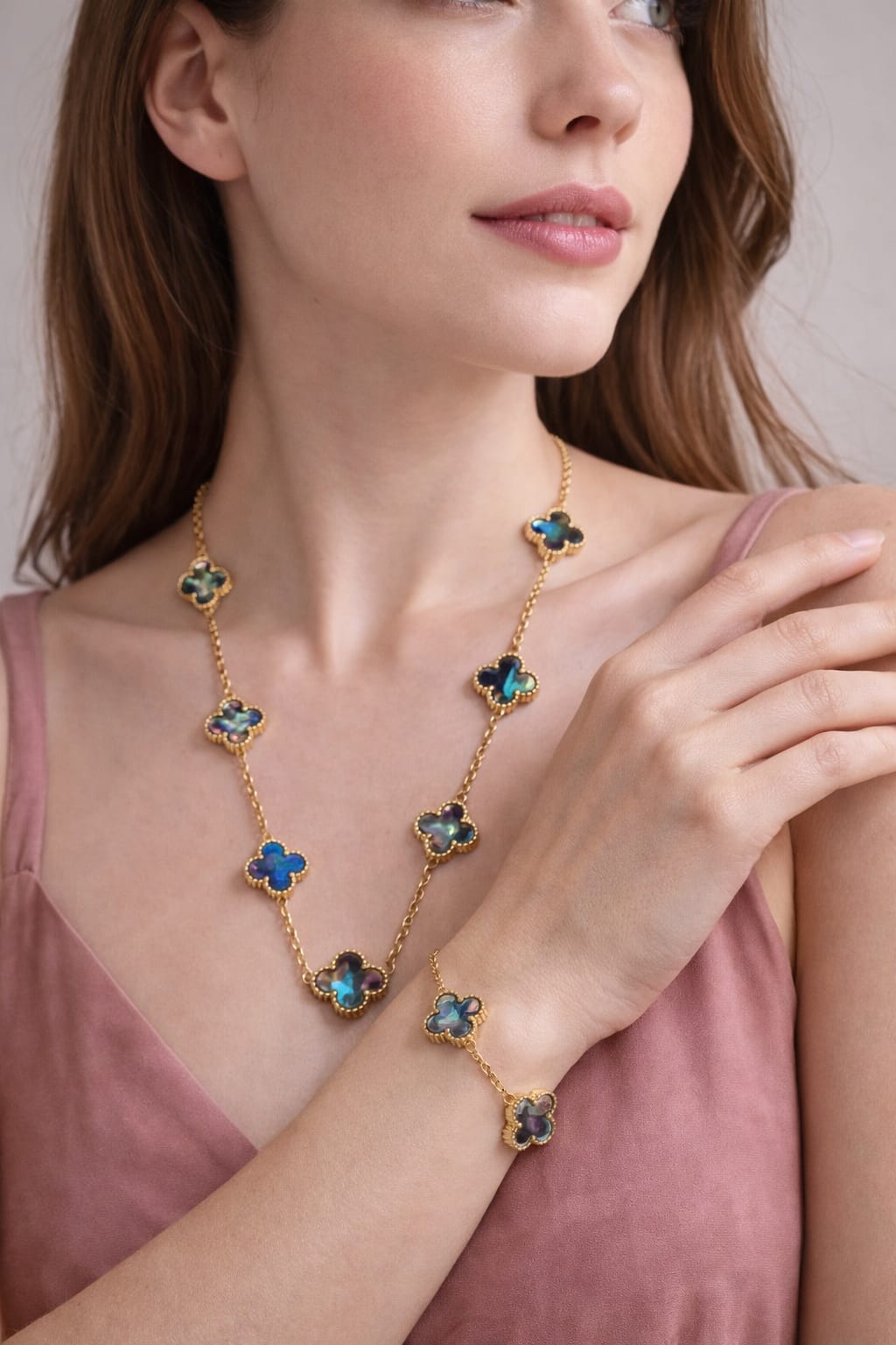 Gold Plated Clover Necklace and Bracelet Set with Iridescent Stones - Image 2