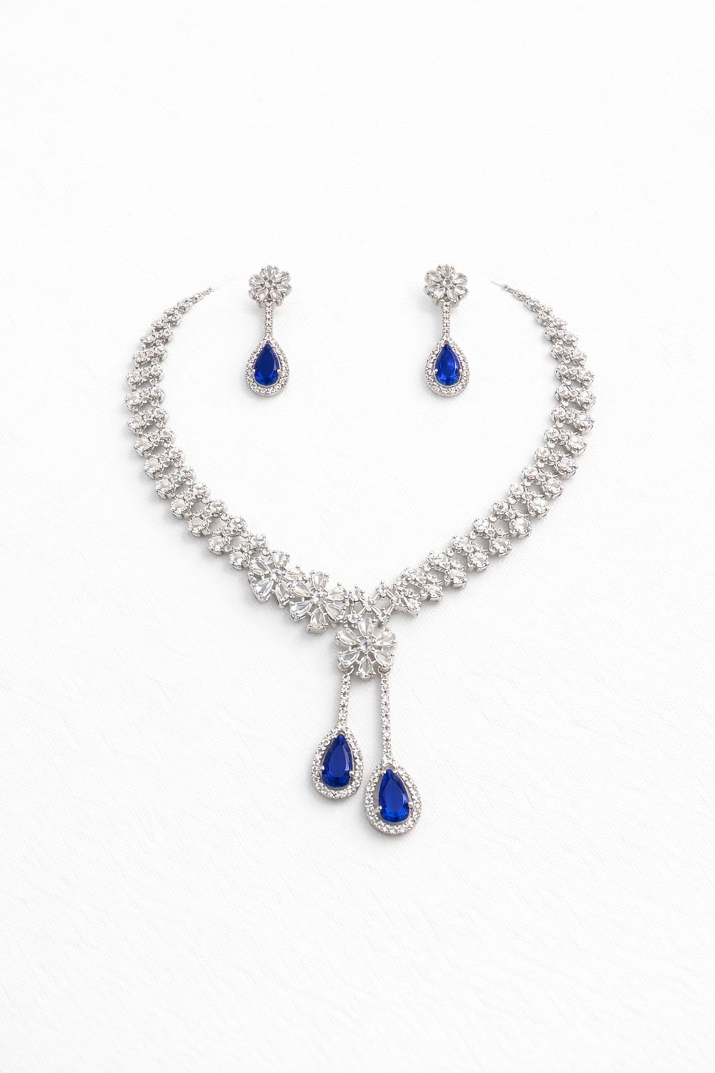 Royal Blue Teardrop Crystal Necklace Set with Earrings - Image 2