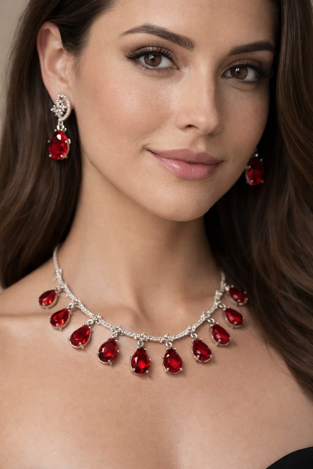 Ruby Red Teardrop Crystal Necklace Set with Earrings - Image 1